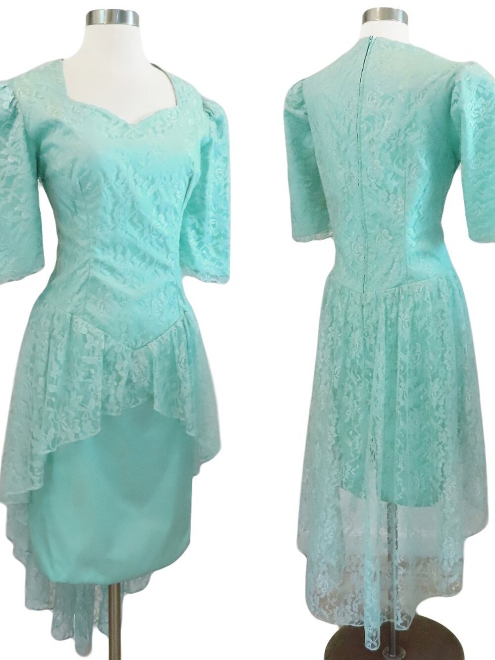 Vintage 80s Seafoam Aqua Lace Peplum Sheath Full Skirt Prom Party Dress L XL